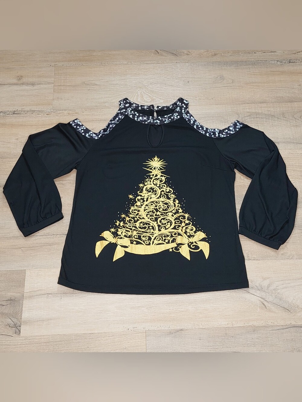 Women's Cold-Shoulder Top with Gold Christmas Tree